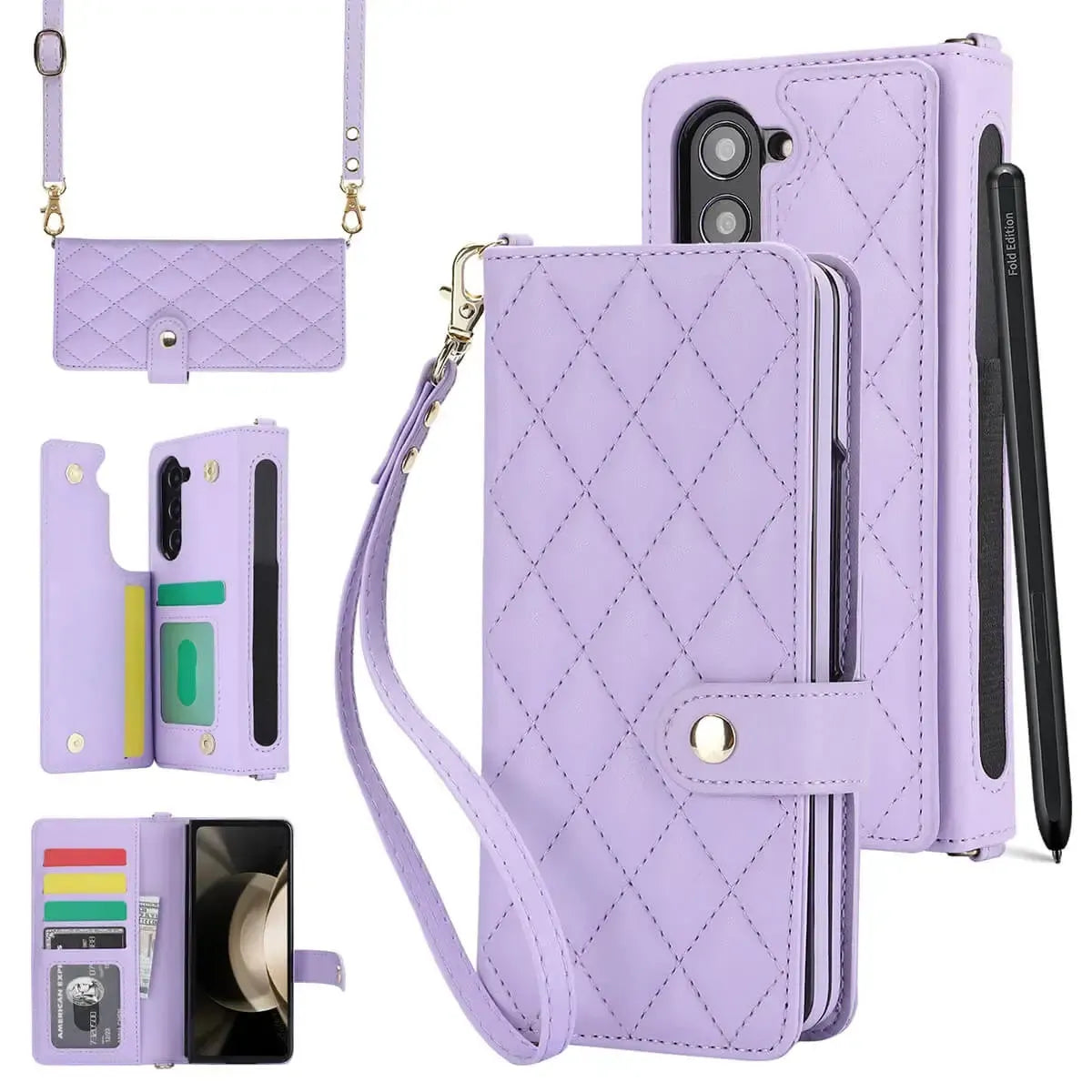 Buy Luxury Grid Leather Wallet Case for Samsung Z Fold with S Pen Holder & Crossbody Strap, SADIE at Caseles-Samsung Galaxy Z Fold 7, Purple