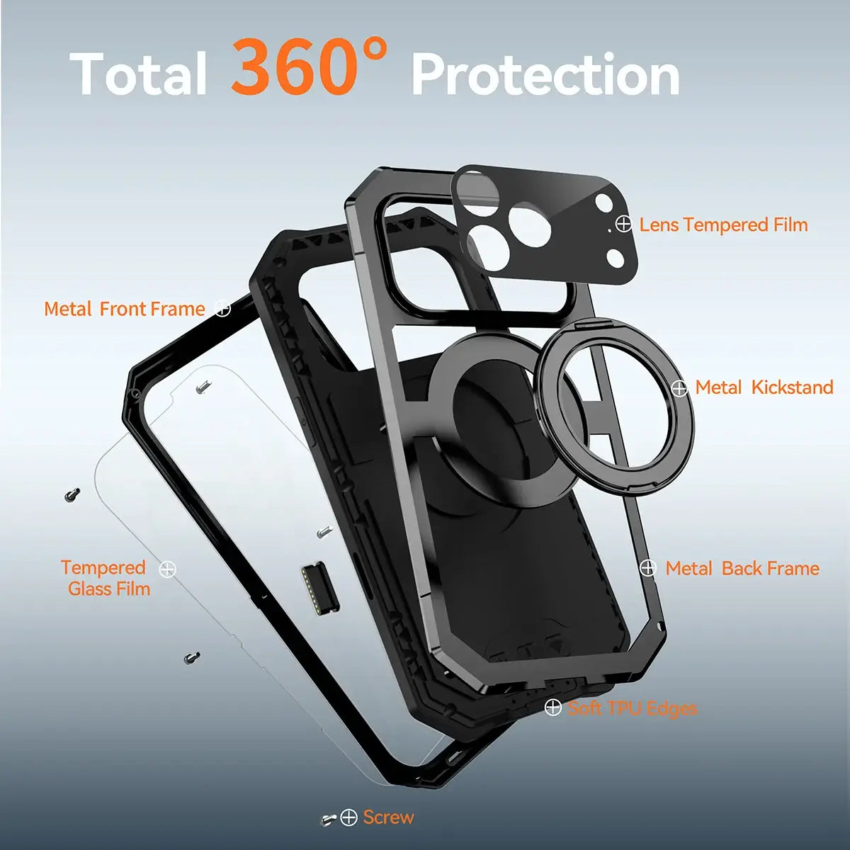 Buy 360° Rotatable Magnetic Stand Case | Full-Body Protection, Lens Guard & Wireless Charging Support - Stark at Caseles-iPhone 17 Pro Max, Orange