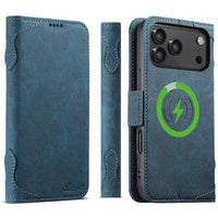 Buy Premium Magnetic Leather Wallet Case for iPhone, RFID Blocking Card Holder & Kickstand, Magsafe Compatible Slim Flip Cover - SUTTON at Caseles-iPhone 17 Pro Max, Blue