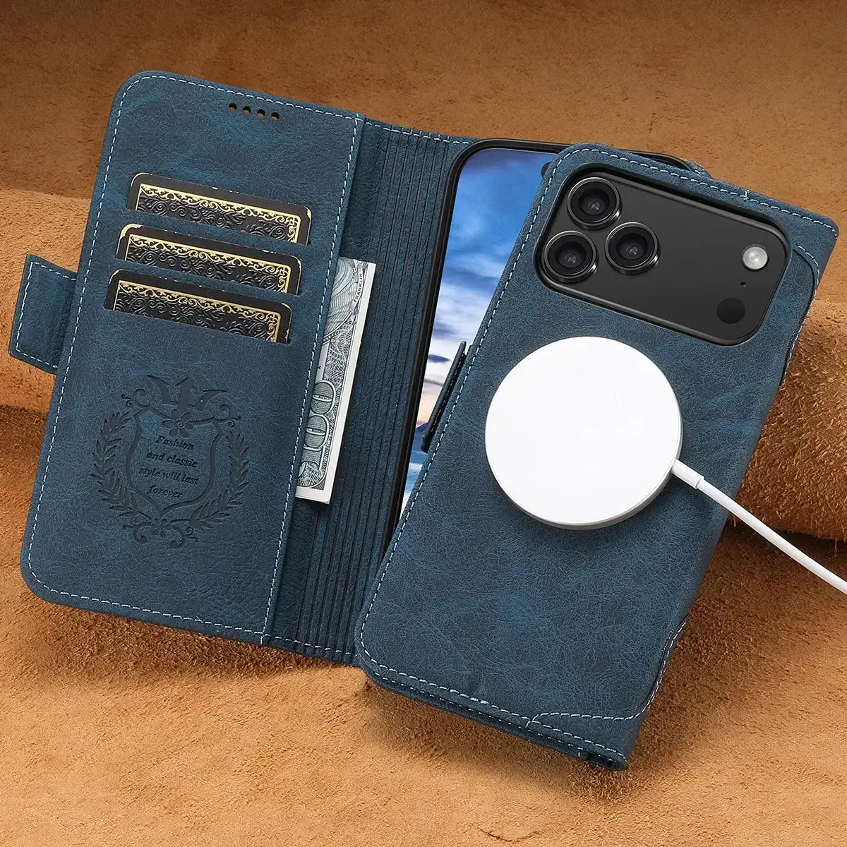 Buy Premium Magnetic Leather Wallet Case for iPhone, RFID Blocking Card Holder & Kickstand, Magsafe Compatible Slim Flip Cover - SUTTON at Caseles-iPhone 17 Pro Max, Brown