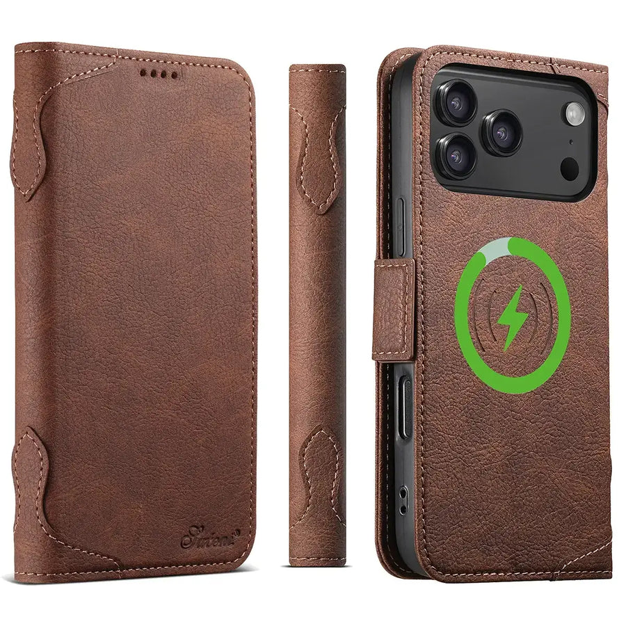 Buy Premium Magnetic Leather Wallet Case for iPhone, RFID Blocking Card Holder & Kickstand, Magsafe Compatible Slim Flip Cover - SUTTON at Caseles-iPhone 17 Pro Max, Brown