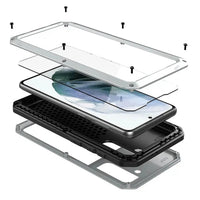 Buy Classic Full Body Metal Armor Phone Case, with Screen Protector, Heavy Duty Defender Shockproof Case - Theo at Caseles-Samsung Galaxy S25 Ultra, Silver