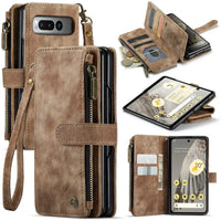 Buy Zipper Flip Folio Wallet Phone Case, Premium Leather Cover with Card Slots Cash Pocket Magnetic Closure and Kickstand,Devy at Caseles-Google Pixel 9 Pro Fold, Brown