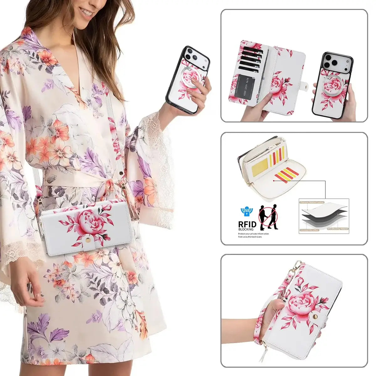 Buy 2-in-1 Floral Armor for iPhone: 15 Card Slots, Anti-Spy Shield, RFID Protection & MagSafe - Vala at Caseles-iPhone 17 Pro Max, Black