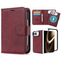 Buy MagSafe Compatible Leather Flip Wallet with RFID Blocking, 2 Card Slots, 1 Cash Slot & Detachable Magnetic Phone Cover for iPhone Duo - VALEN at Caseles-iPhone Duo, Burgundy