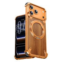 Buy Magnetic Wood Case Compatible with iPhone, Natural Wood & Aluminum Shockproof Protective Cover Unique Wooden Case with 360° Ring Stand, Natural Titanium - WYATT at Caseles-iPhone 17 Pro Max, Orange