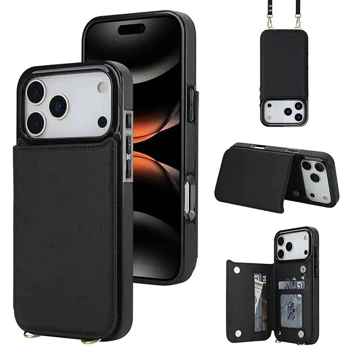 Buy Crossbody Wallet Case for iPhone, Magnetic Leather Flip Cover with Detachable Lanyard Strap, Card Holder & Kickstand, Shockproof Protection, Wyla at Caseles-iPhone 17 Pro Max, Black